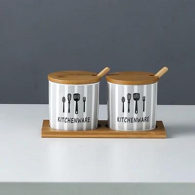 Kitchen seasoning tools ceramic seasoning jar set marble pattern cruet bamboo tray kitchen supplies seasoning box salt shaker
