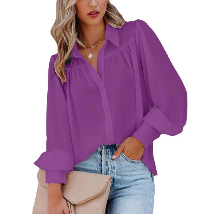 Solid Color Button Down Loose Women Shirt with Pleated Lantern Sleeves