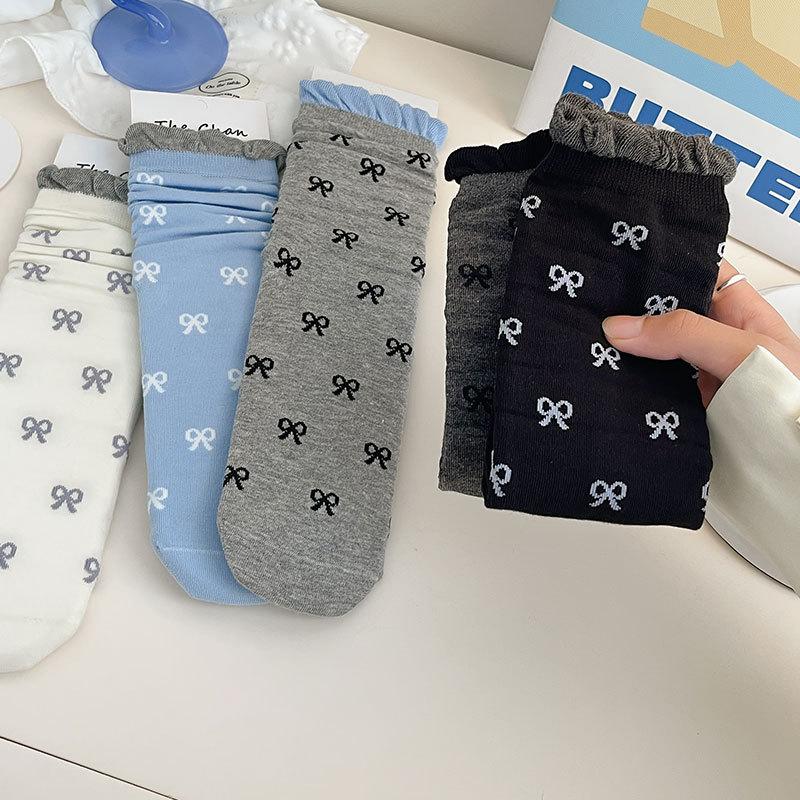 Female Autumn New Style Match Color Bow Bubble Mouth Lace In The Tube Stack Socks