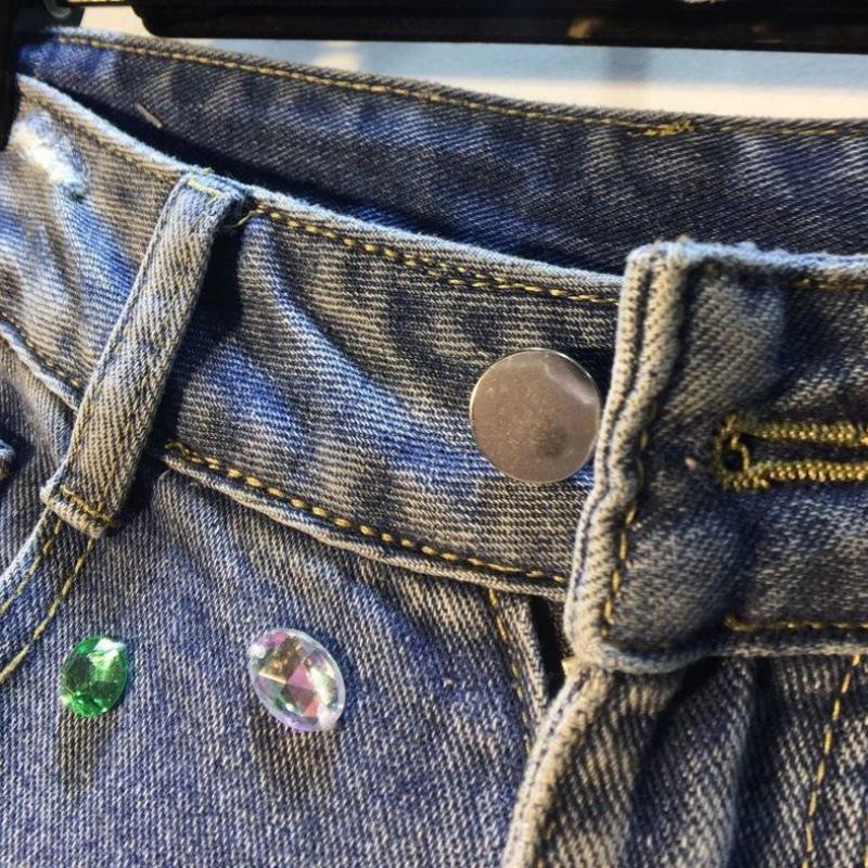 European Style High Waist Rhinestone Beaded Ripped Slimming Straight Mid-Length Pants