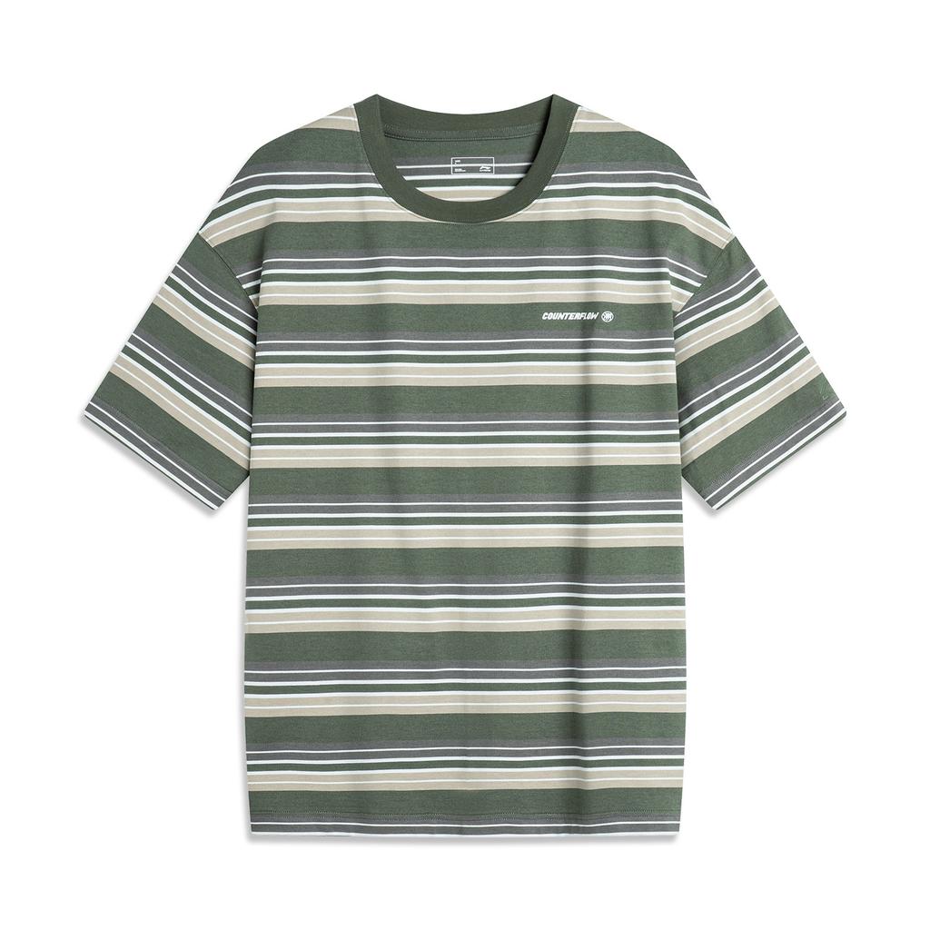 Li Ning CF Water Flow Full Print Striped Round Neck Pullover Comfortable Cool Loose Short Sleeve T-Shirt Men T-Shirts Dark-Green ATSU631-1