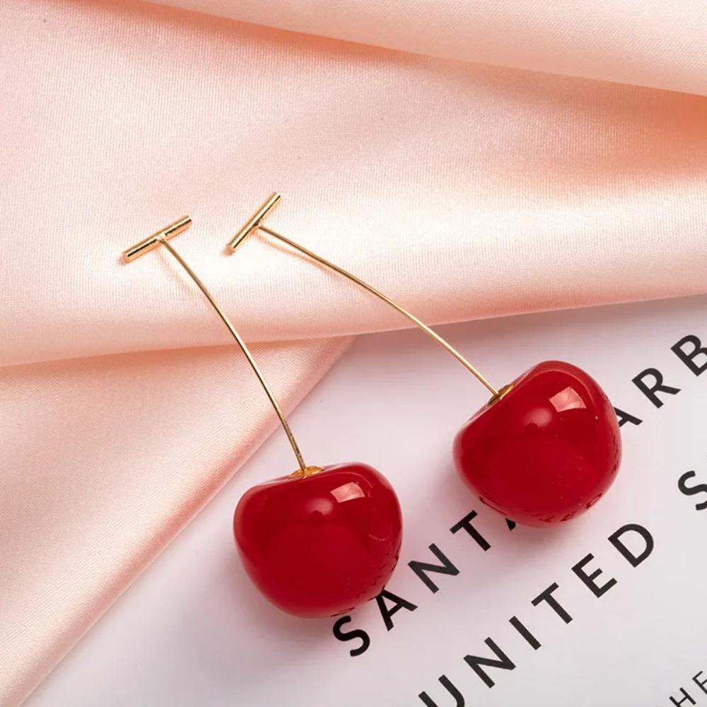Sweet Red Cherry Alloy Dangle Earrings for Women Fashion Resin Fruit Design Drop Earrings Party Jewelry Gift красный