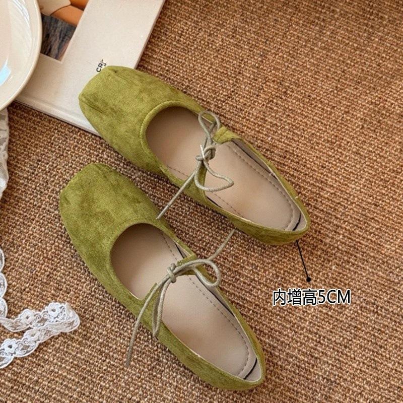 Inner Height Increase 5cm Lace-up Bow Single Shoes Women's Versatile Flat-bottomed Retro Square Head Soft-soled Ballet Shoes