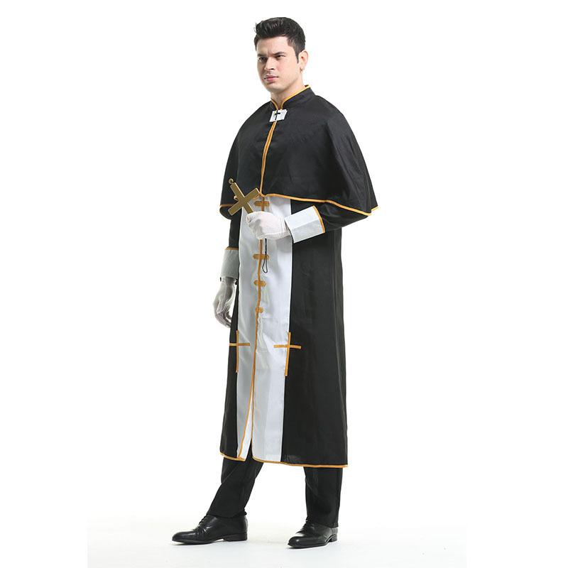 CosplayCosplay Sacerdote, Sacerdote romano, vestito nero da festa, costume di Halloween da uomo cosplay professionale
