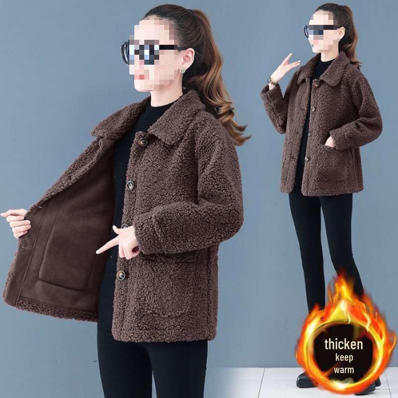 Stylish Faux Lamb Wool Coat for Women Aged 50-60: Warm Particle Velvet Top for Middle-Aged and Elderly Mothers