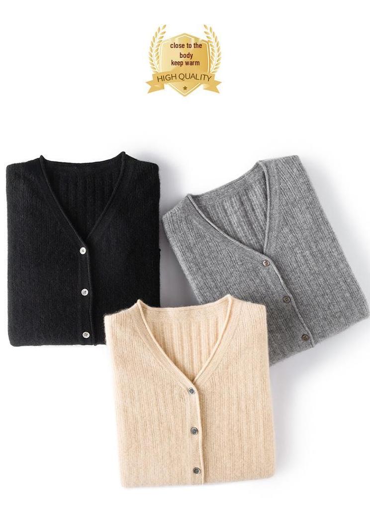 Women's Ribbed V-Neck Cashmere Cardigan - Long Sleeve, Loose Fit, Casual Base Layer Sweater.