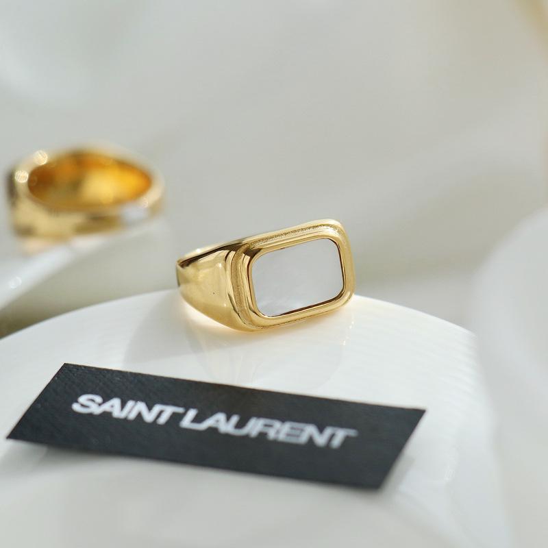 18K Gold-Plated Titanium Steel Ring with European Geometric Design and Mother-of-Pearl Inlay