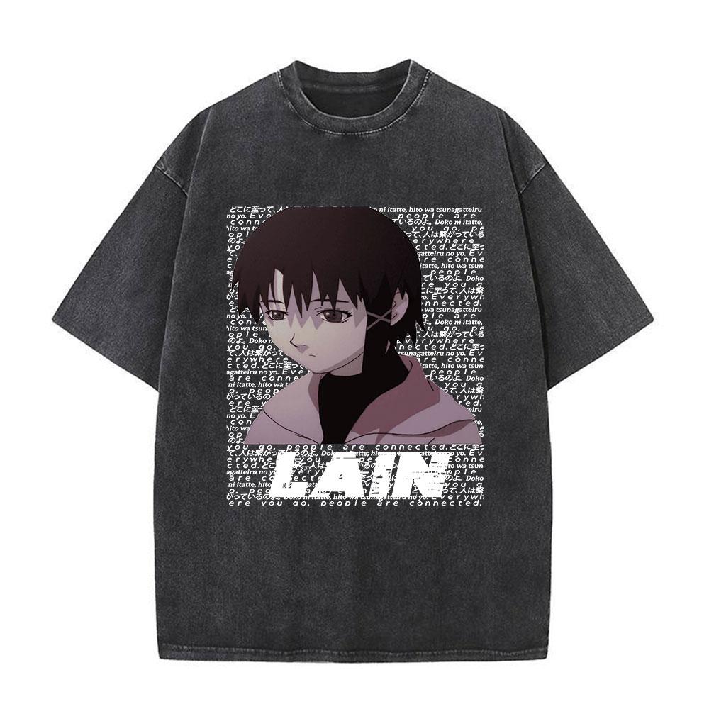 Japanese Anime Serial Experiments Lain Vintage Washed T Shirt Manga Iwakura Girl Sci Fi T-shirts Men 100% Cotton Casual T Shirt