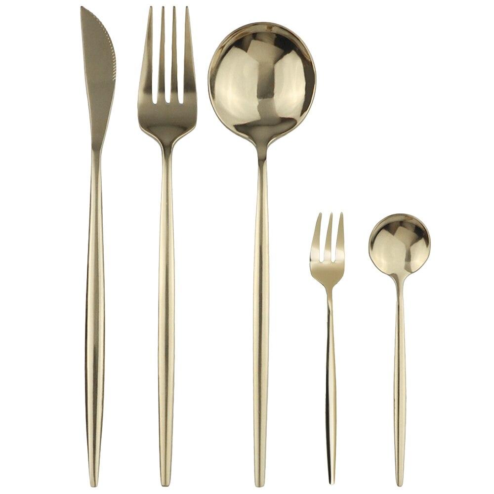 5Pcs Black Gold Dinnerware Set Knife Fork Spoon Flatware Set Stainless Steel Tableware Set Kitchen Cutlery Fruit Fork Silverware