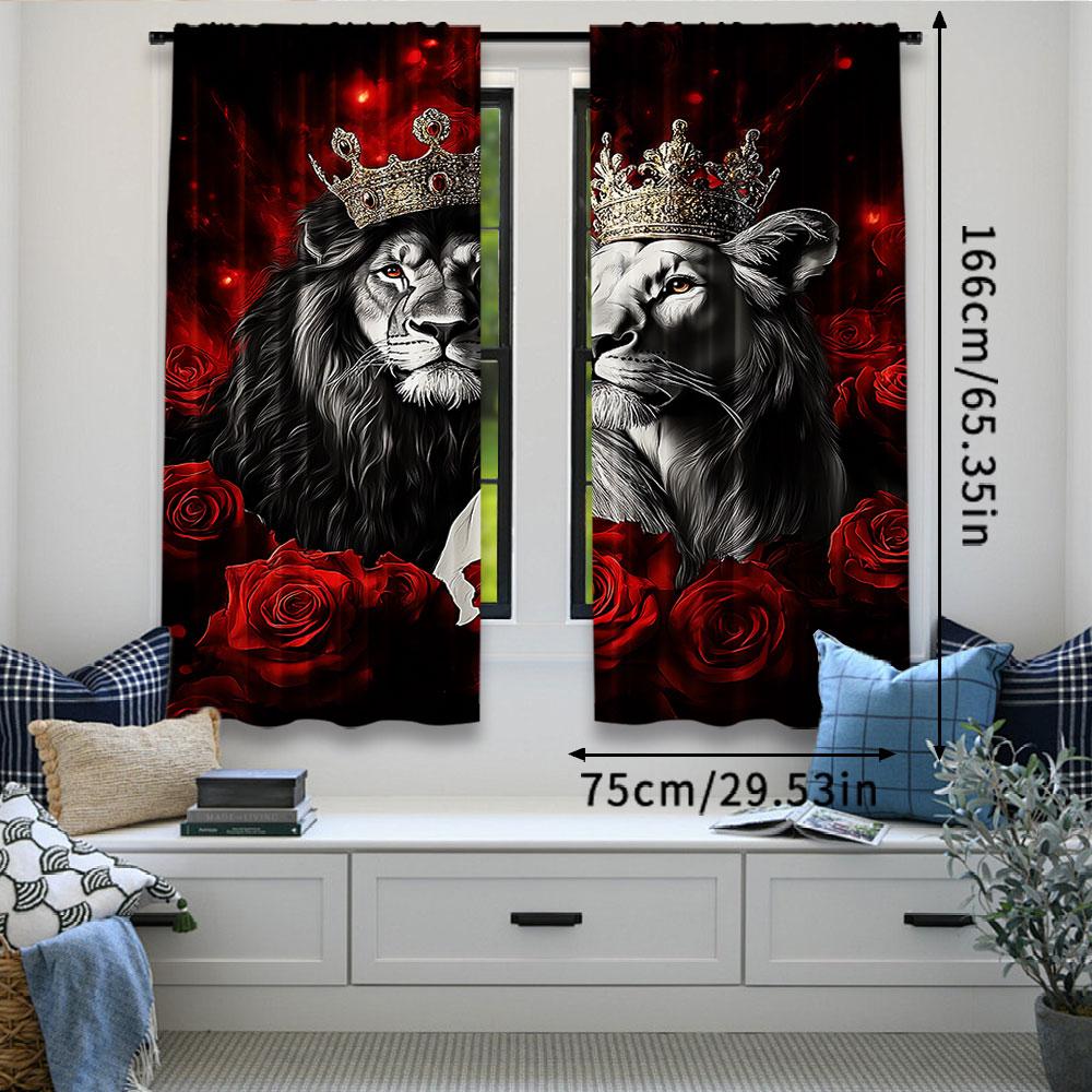 2Pcs Couple Curtain Red Rose Floral For Lover King And Queen Crown Valentine'S Day For Bedroom Living Room And Dining Room B