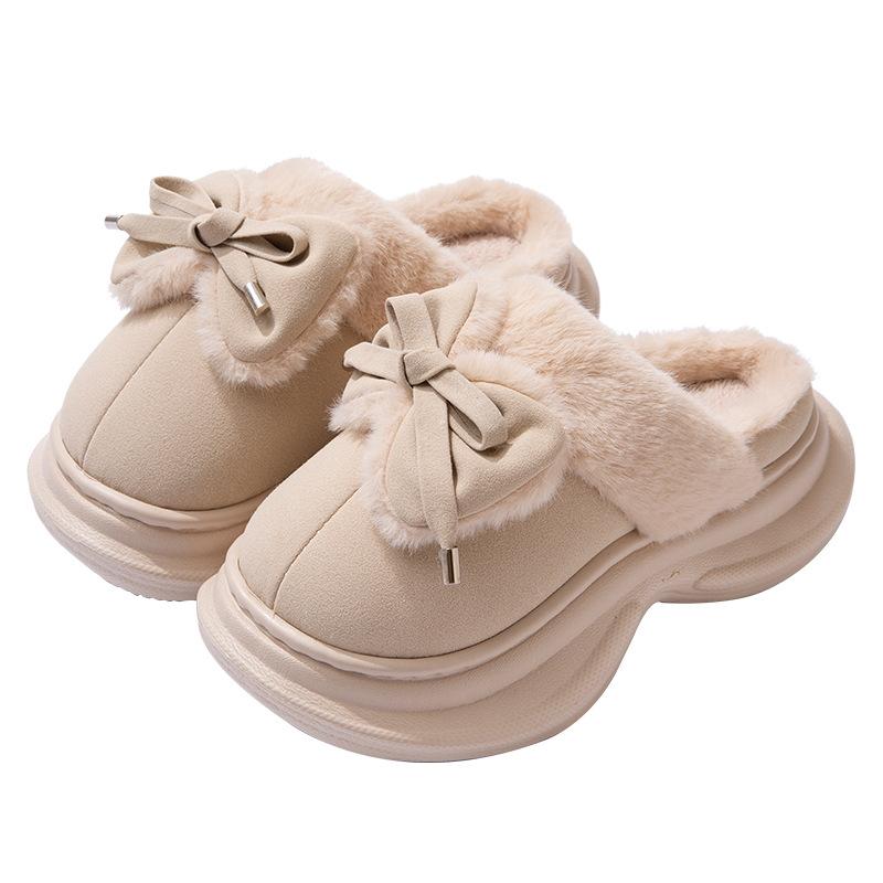 Small waist bow cotton slippers winter 2025 new thick bottom heightening outer wear velvet warm slippers
