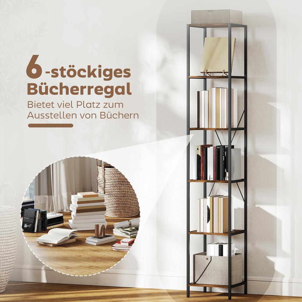 Set of 2 6-Level Bookshelves, Steel Frame, for Living Room, Office, Bedroom, Rustic Brown