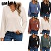 Women's Fashion Casual Solid Color Print Long Sleeve V Neck Blouses & Shirts