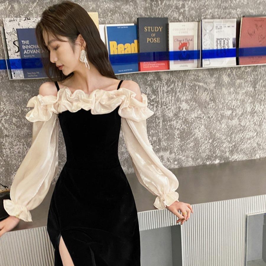 One-word Shoulder Evening Dress Skirt Banquet Black Temperament High-end Sense Niche Socialite Ruffle Edge Host Split Long Dress