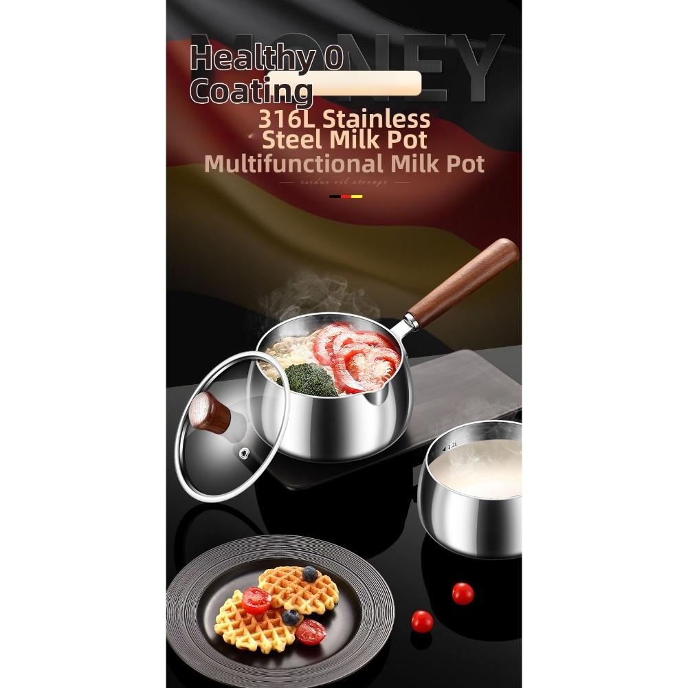 Multi Layer Stainless Steel Milk Pot with Heat Resistant Wooden Handle and Lid for Cooking Sauces Soups and More