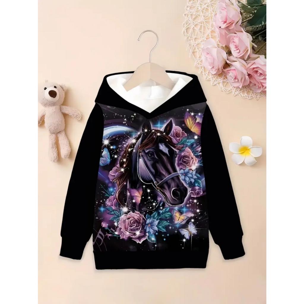 Cool Horse Girl Clothes Animals 3D Print Autumn Long Sleeve Hoodies Loose Lightweight Sweatshirt Comfortable Children's Clothing
