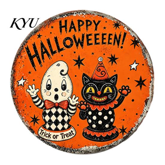 Nostalgic Party Wall Hanging Retro Halloween Sign, Round Metal Decorative Vintage Iron Sheet Sign Rustic Art Decor for Living Room Decoration