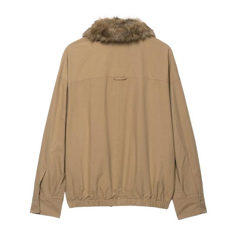 Womens Faux Fur Collar Bomber Jacket Solid Color Streetwear Outerwear