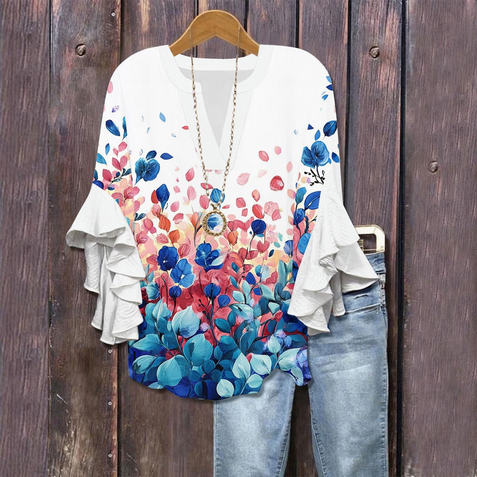 

Рубашки с рукавами 3/4 для женщин, симпатичные футболки с графическим принтом, блузки, повседневные, больших размеров, базовые топы с оборками на рукавах, пуловеры S синий