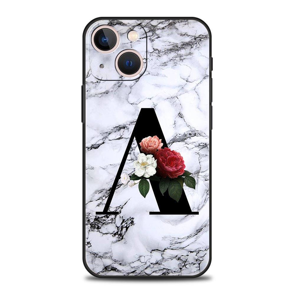 Letters Flower English Marble Phone Case For iPhone 17 16 15 Pro Max 11 12 13 14 7 8 Plus SE 2020 X XR XS Cover Soft Black