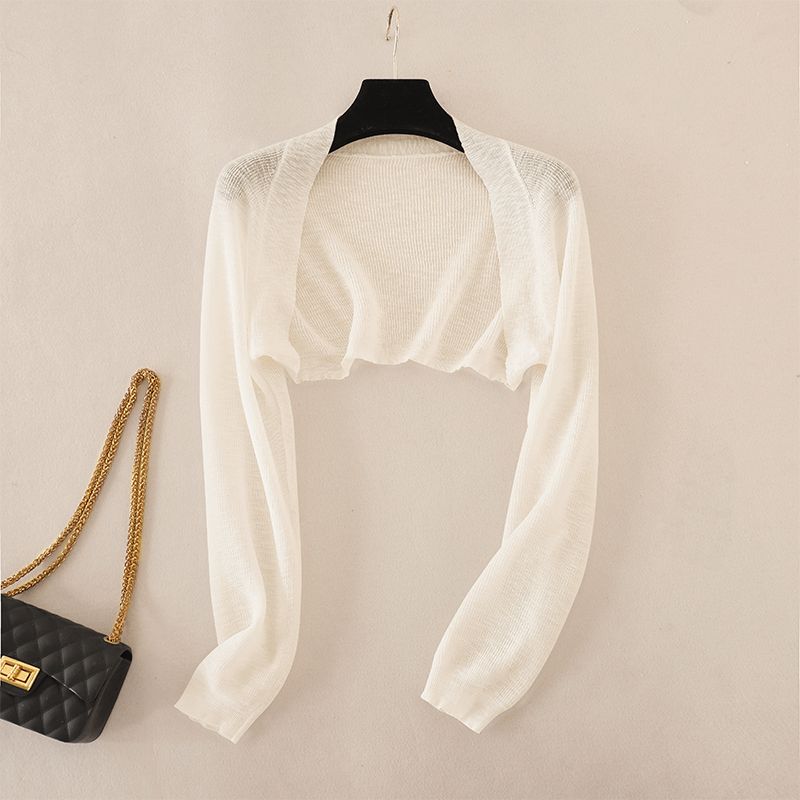 

Long Sleeves Short Ice Silk Knitted Sun-Proof Cardigan Women s Thin Summer Suspender Skirt Outerwear Coat Shawl Air Conditioning Blouse Apricot(8535) L