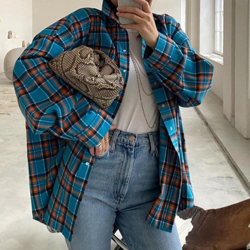 Autumn Plus Plaid Shirt Long Sleeved Lapel Button Loose Casual Shirt Blouses & Shirts