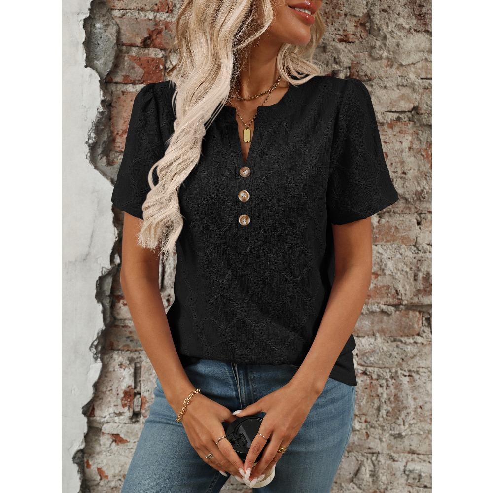 Ny sommer topp med rund hals og korte ermer med blomsterjacquard og knapper for kvinner