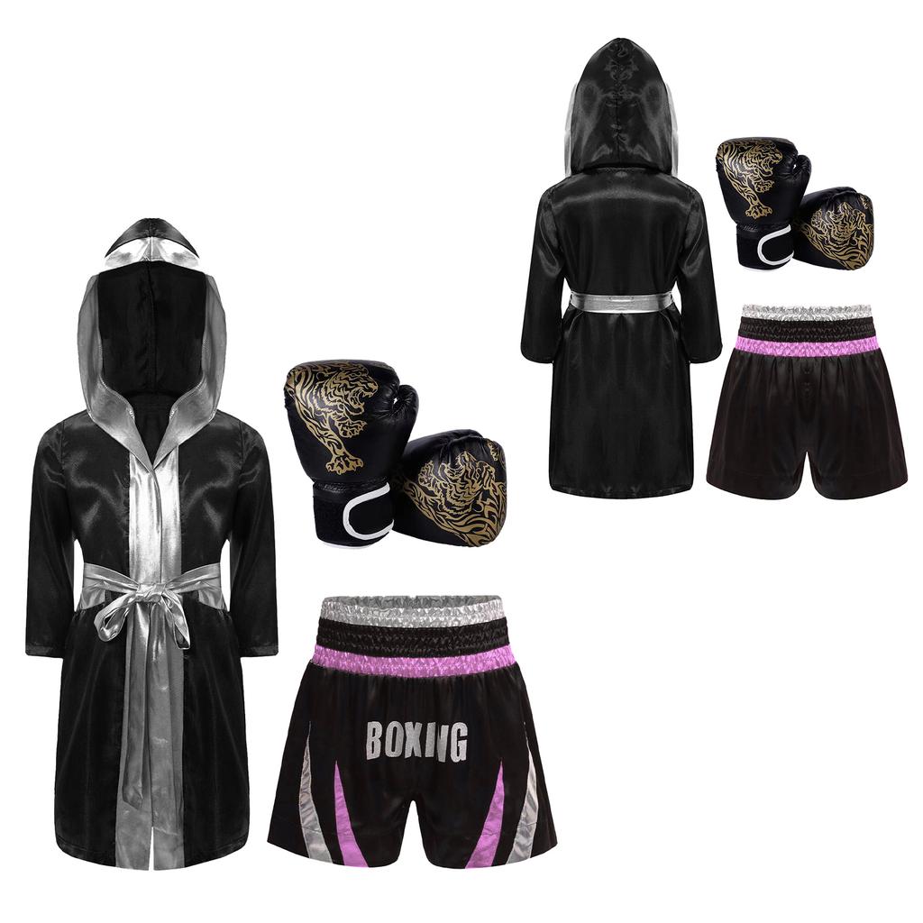 Jungen Boxausrüstung Set: Satin-Bademantel mit Gürtel und metallischem Besatz, Color-Block-Shorts & Tigerprint-Trainingshandschuhe