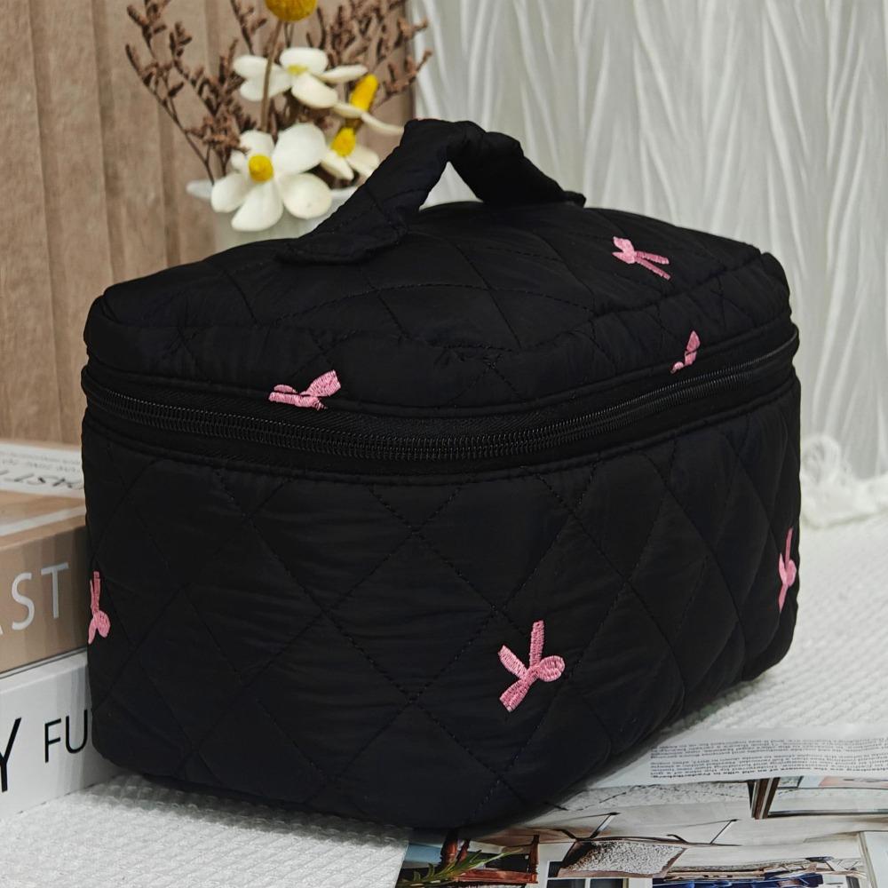 Black Portable Makeup Bag Large Capacity Pink Bow Quilting Cosmetic Pouch Handbag Ladies Travel Toiletry Storage Bag Women 2026