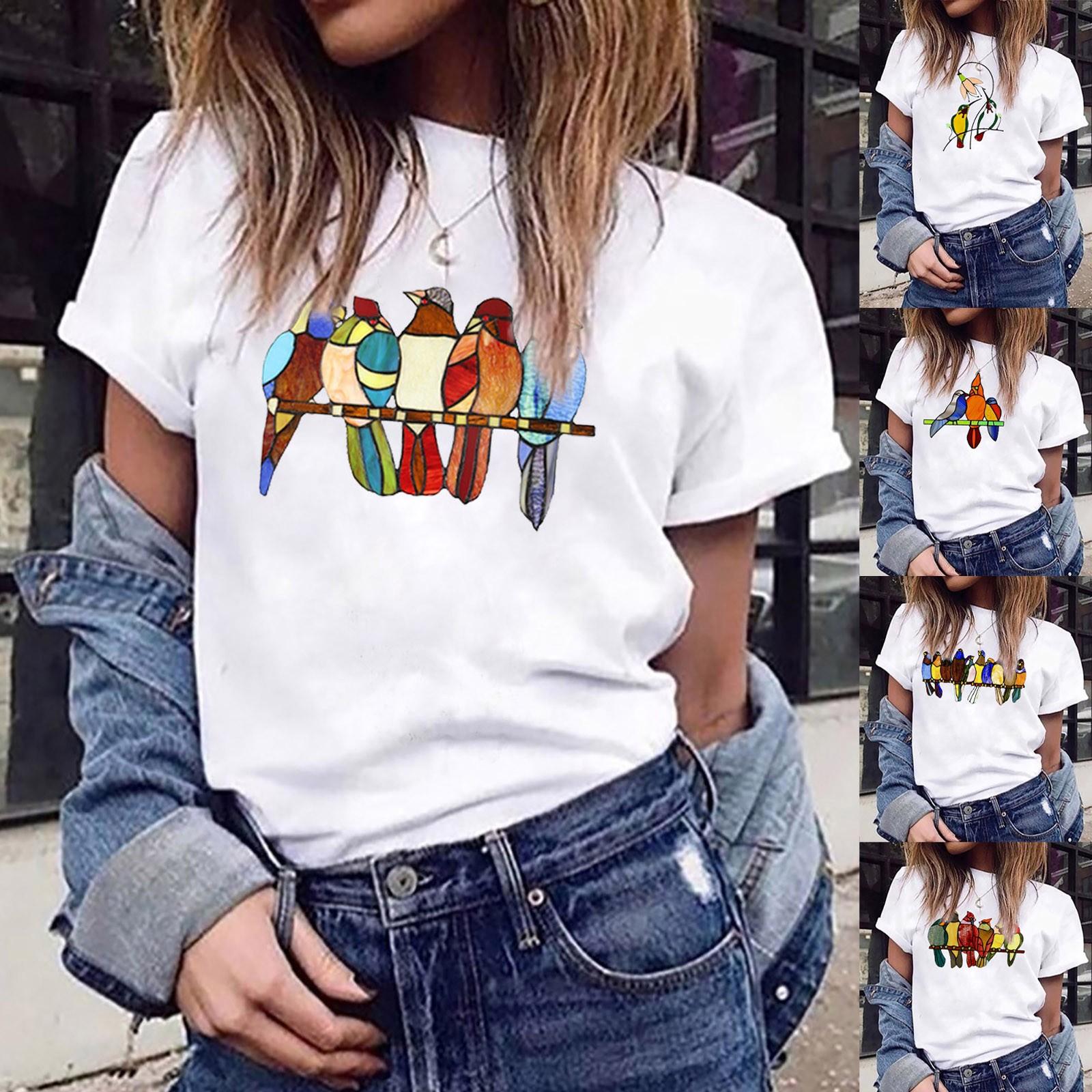 

Женская мягкая туника с принтом птиц, фитнес-спортивная элегантная летняя блузка-футболка