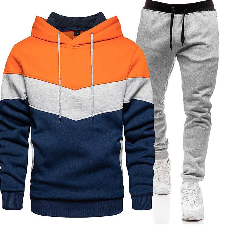 Sports Suit Men's Plus Loose Hooded Sweatshirt Sweatpants Color Blocked 2-piece Set Light Panel