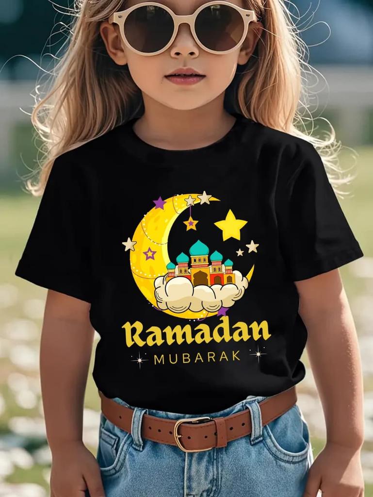 Moon Star Ramadan Print Girl Clothes Eid Mubarak Kid T-Shirt Islamic Muslim Outfit Short Sleeve Tops Holiday Children's Clothing