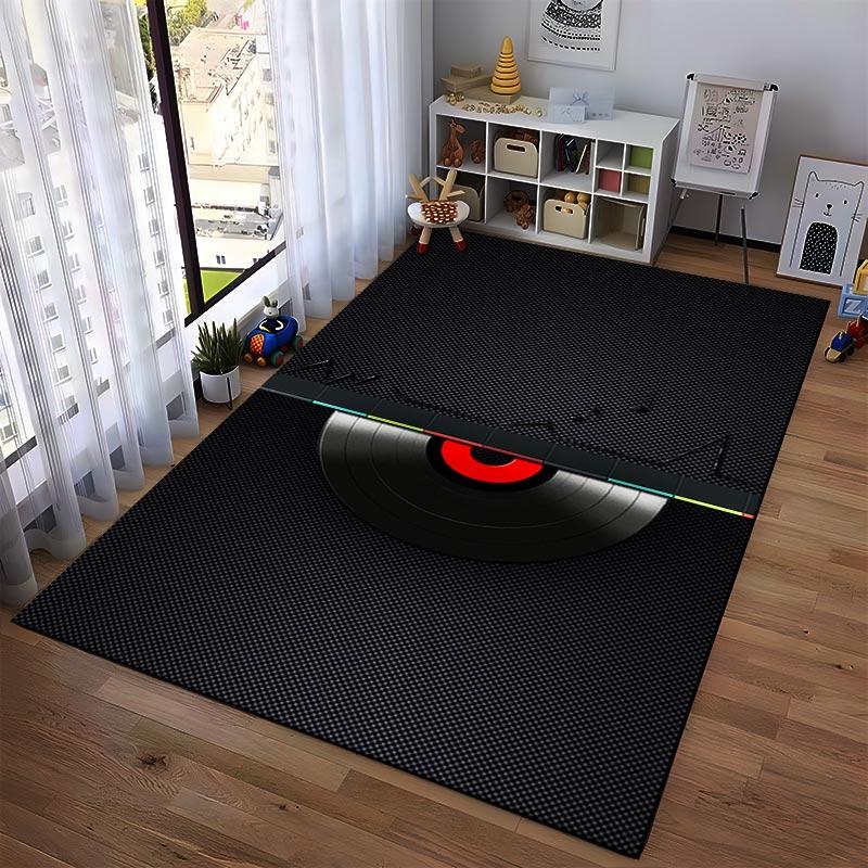 "Black Vinyl Record Pattern Carpet Modern Music Themed Floor Mat" Suitable for use as an anti-slip for living room bedroom sofas