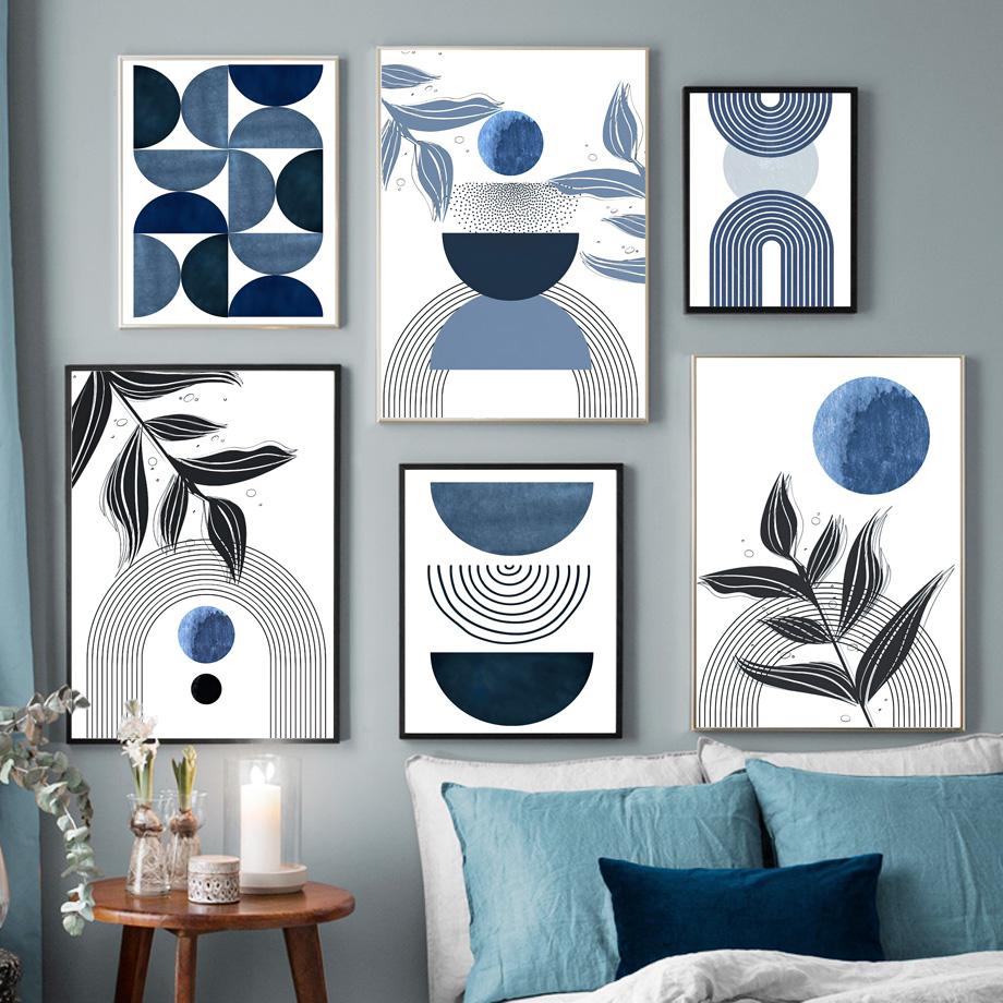 Boho blaue abstrakte Poster und Drucke moderne Mitte des Jahrhunderts Geometrie Linie Wandkunst Monstera Blatt Leinwand Malerei Innenraum Dekor