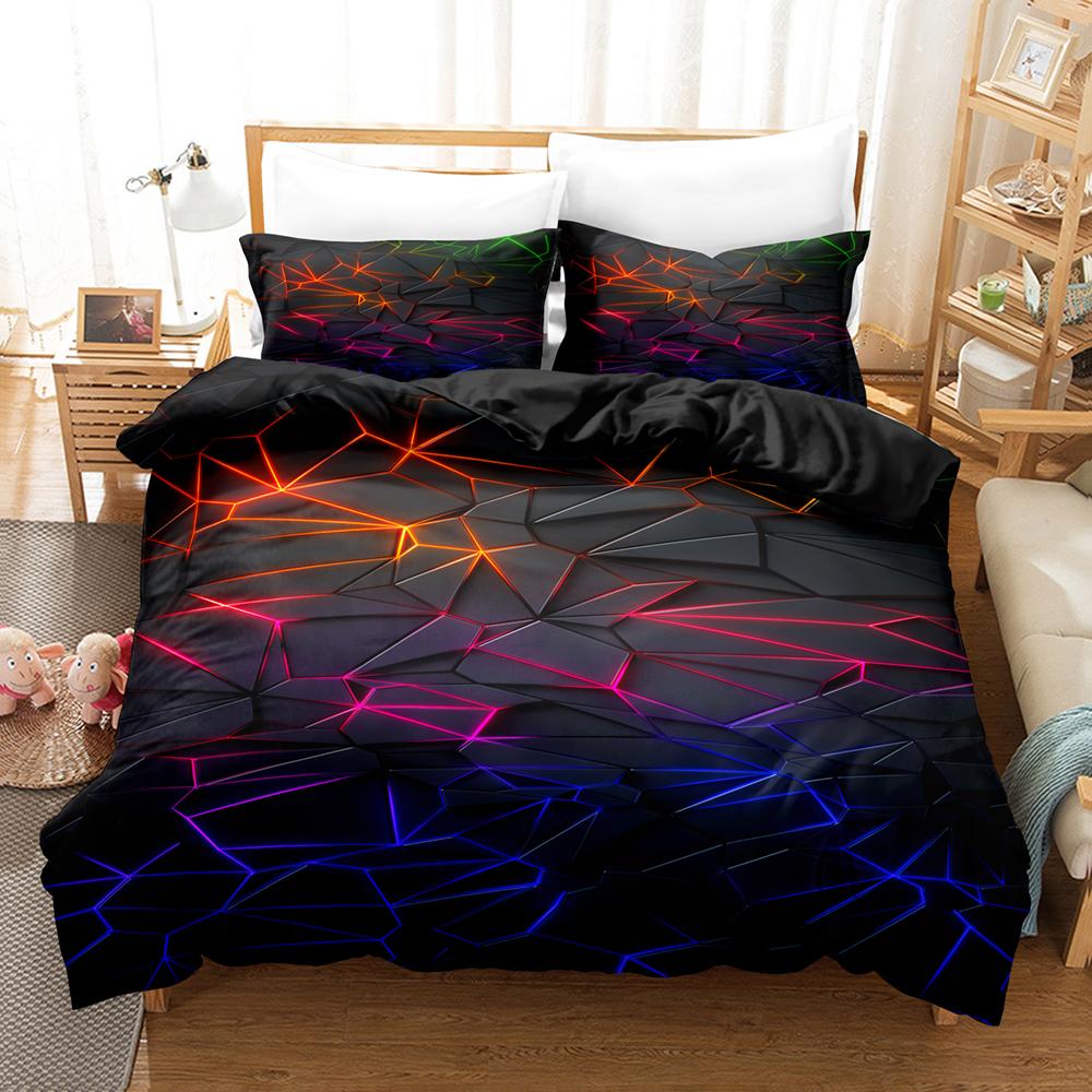 Colorful Glowing Polygonal Grid Pattern Bedding Set  Duvet Cover Set with Pillowcases King Queen Twin Double Size Comforter Set