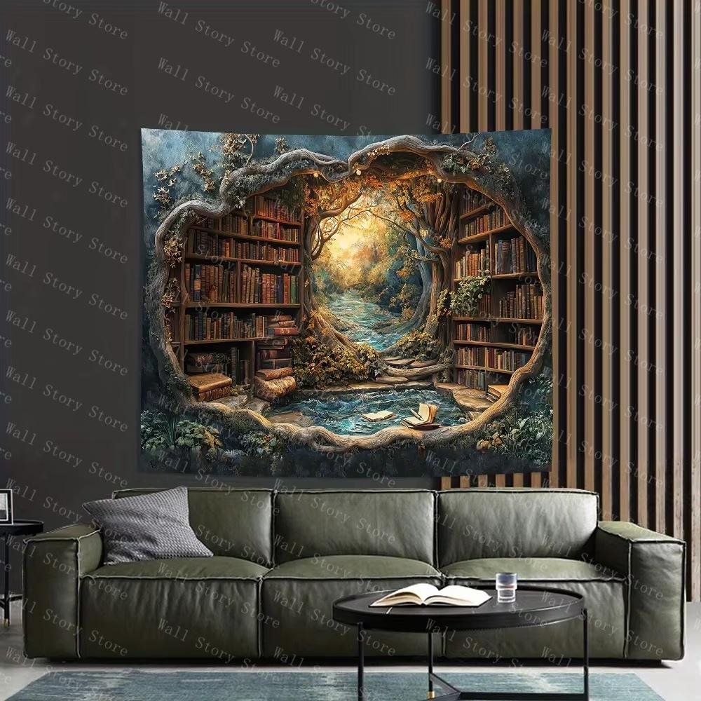 3D Magic Forest Bookshelf Tapestries Wall Hanging-Gorgeous Wall Art Tapestries for Living Room Office and Home Decor Tapestry