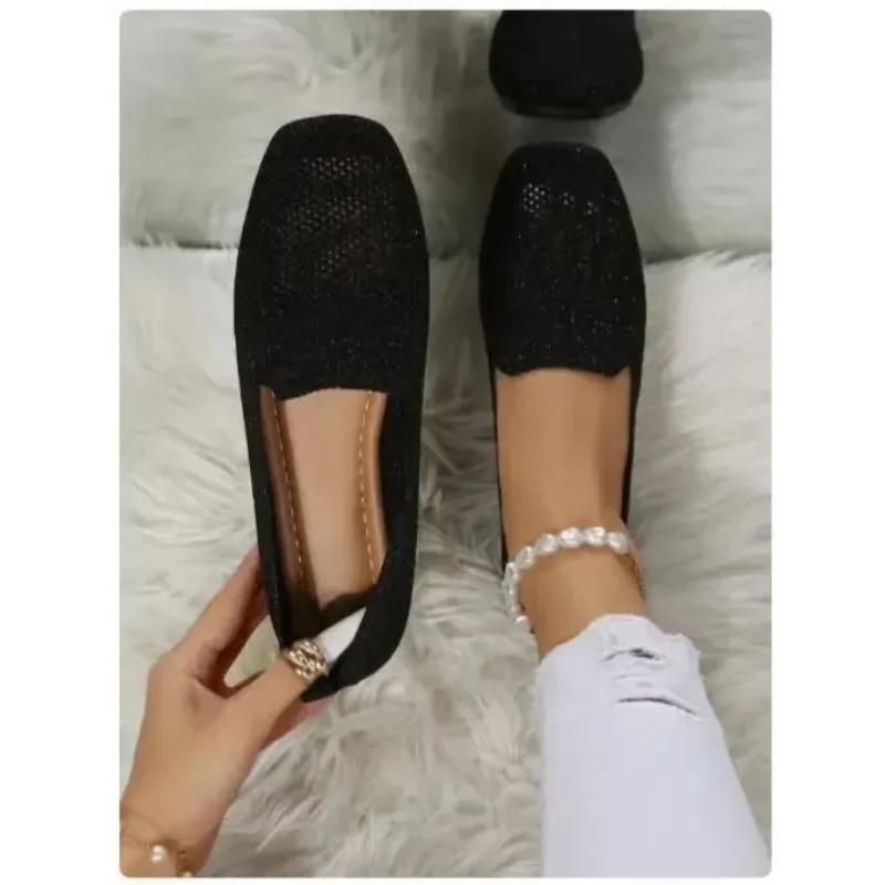 Solid Color Square Mesh Loafers Shallow Women Flats Soft Bottom Knit Ballet Flats Shoes Casual Shoe