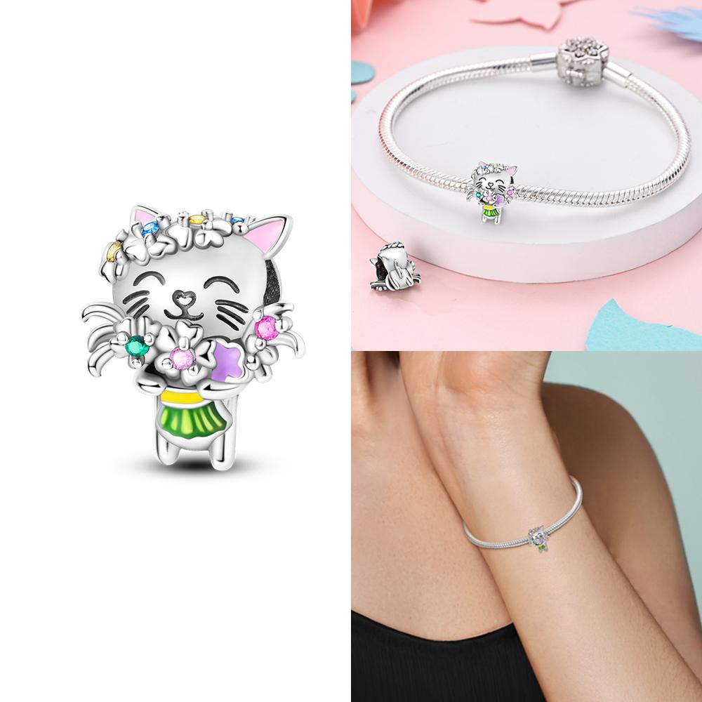 Original Copper Pink Zircon Cats Dogs Red Heart Squirrels Bead Fit Bracelet Women Jewelry Diy Children'S Day Gift