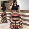 JPNTKY Floral Print Patchwork Short Sleeve Bohemian Dress Women Summer O-Neck Big Swing Long Dresses