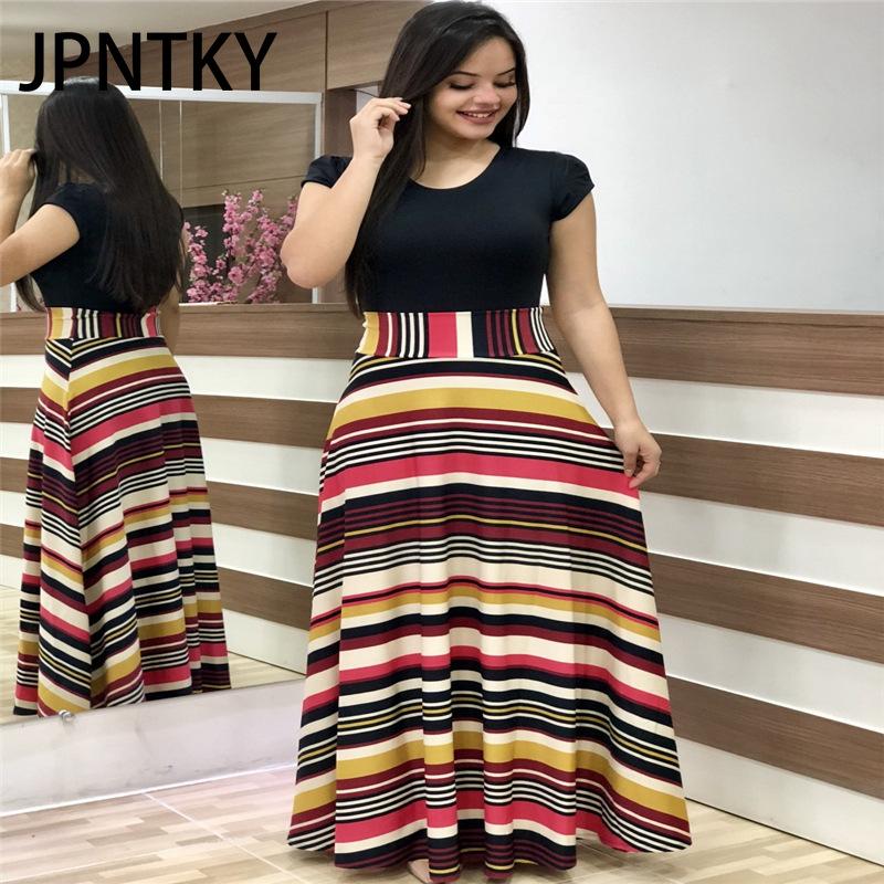 JPNTKY Floral Print Patchwork Short Sleeve Bohemian Dress Women Summer O-Neck Big Swing Long Dresses