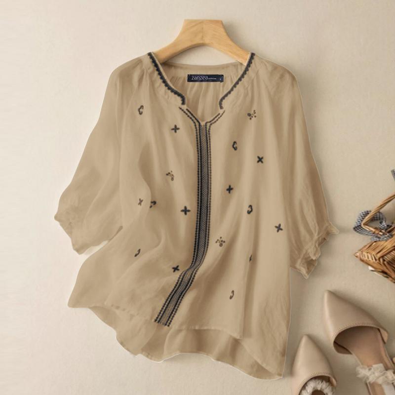 

ZANZEA Женская повседневная блузка с V-образным вырезом, рукавом 3/4 и свободным принтом S