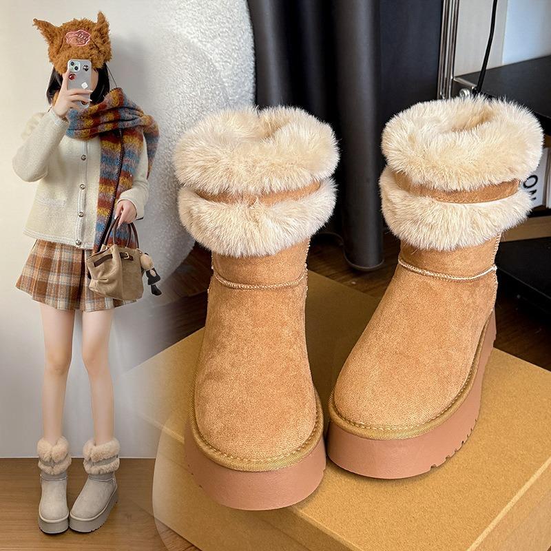 Women's fur as one thick bottom heightening hairy mouth winter lightweight one-step warm snow boots non-slip wear-resistant casual sports cotton boots