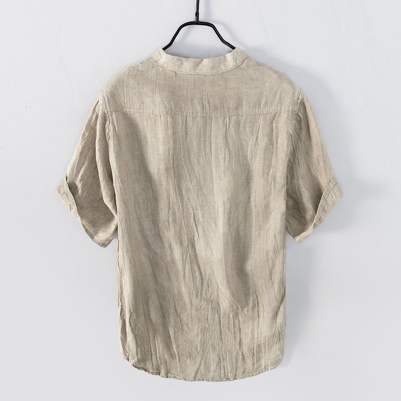Sommer Freizeit Herren Leinen Kurzarmhemd V-Ausschnitt T-Shirt Vintage Plissiertes Leinen Freizeit Farbe Überkopf Herren Oberteil