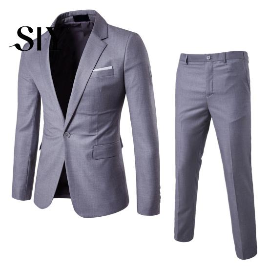 Slim Fit Business Outfit 2Pcs/Set Men Blazer Suit Pants Set Lapel Long Sleeve Single Button Pockets Coat Workwear