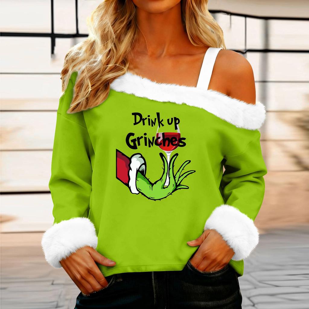 Women's Casual Fashion Sexy Off-Shoulder Collar Christmas Pattern Long Sleeve Crewneck T-Shirt Top