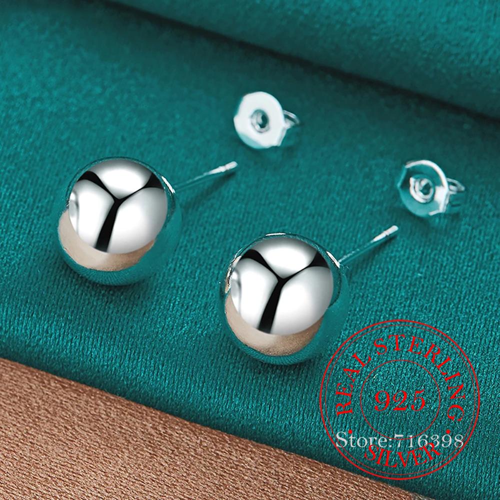925 Sterling Silver 8mm/10mm Round Smooth Solid Bead Ball Stud Earrings For Women Girls Wedding Engagement Party Jewelry Gift