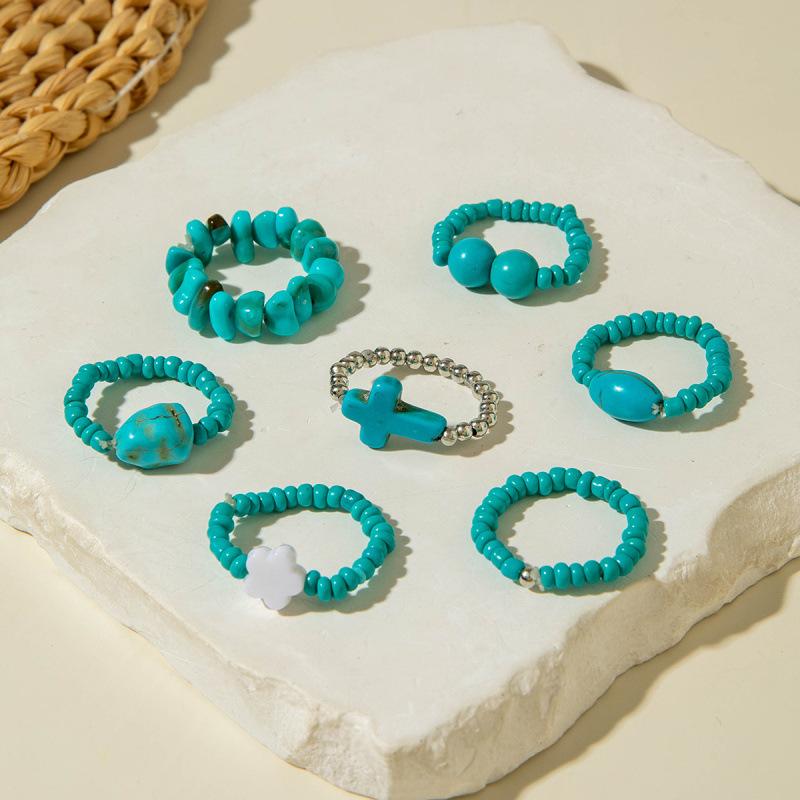 Geometric Irregular Cross Turquoise Ring, Acrylic Stretch Pearl Ring Set