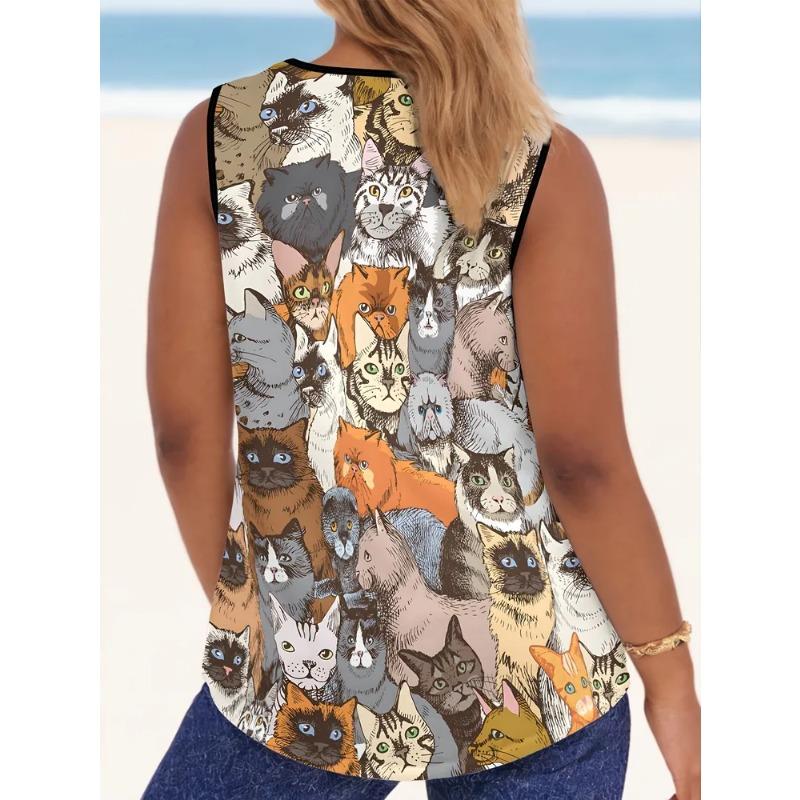 Women's Sleeveless Vest Creative Color Pattern Cat Printing Comfortable Soft Fashionable Versatile Summer Vest