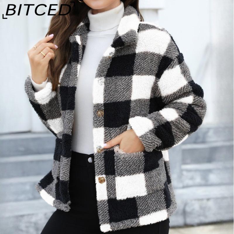BITCED Women's Plaid Fleece Jacket with Patch Pockets Versatile Long-Sleeve Winter Fashion Casual Coat