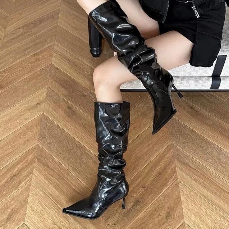 Over-the-knee Boots Women Fashion Pointed Toe Black Side Zipper Thin High Heels Female Shiny Pleated High Heel Botas 2025